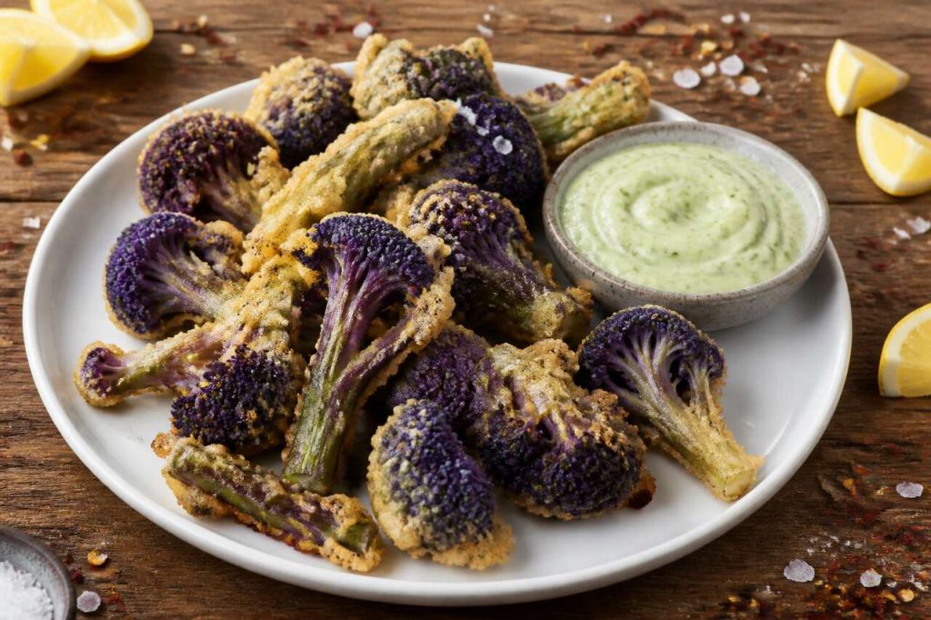Recette de tempura de brocoli violet et aïoli à l'ail des ours