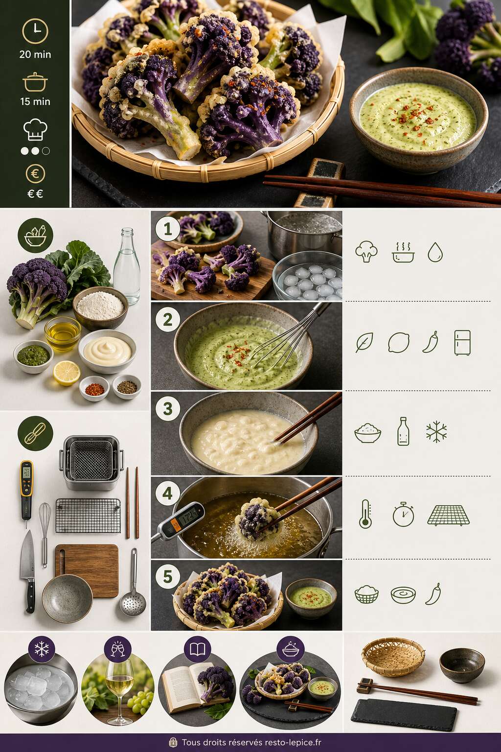 Fiche recette Recette de tempura de brocoli violet et aïoli à l'ail des ours Fiche recette Recette de tempura de brocoli violet et aïoli à l'ail des ours
