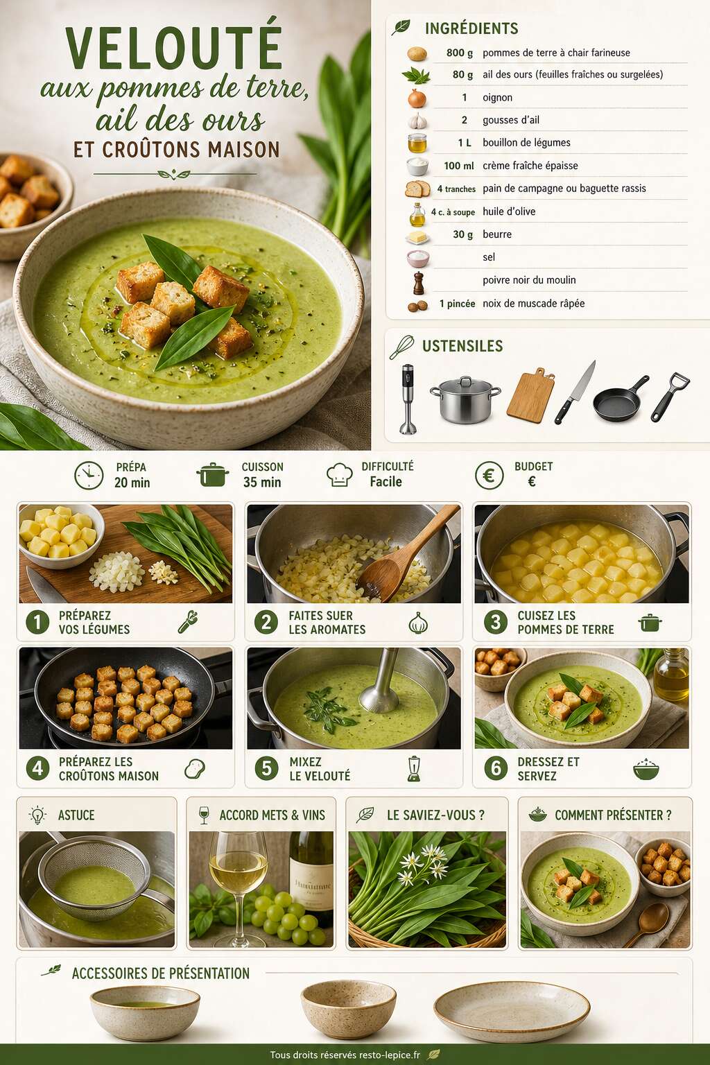 Fiche recette Recette de velouté aux pommes de terre, ail des ours et croûtons maison Fiche recette Recette de velouté aux pommes de terre, ail des ours et croûtons maison