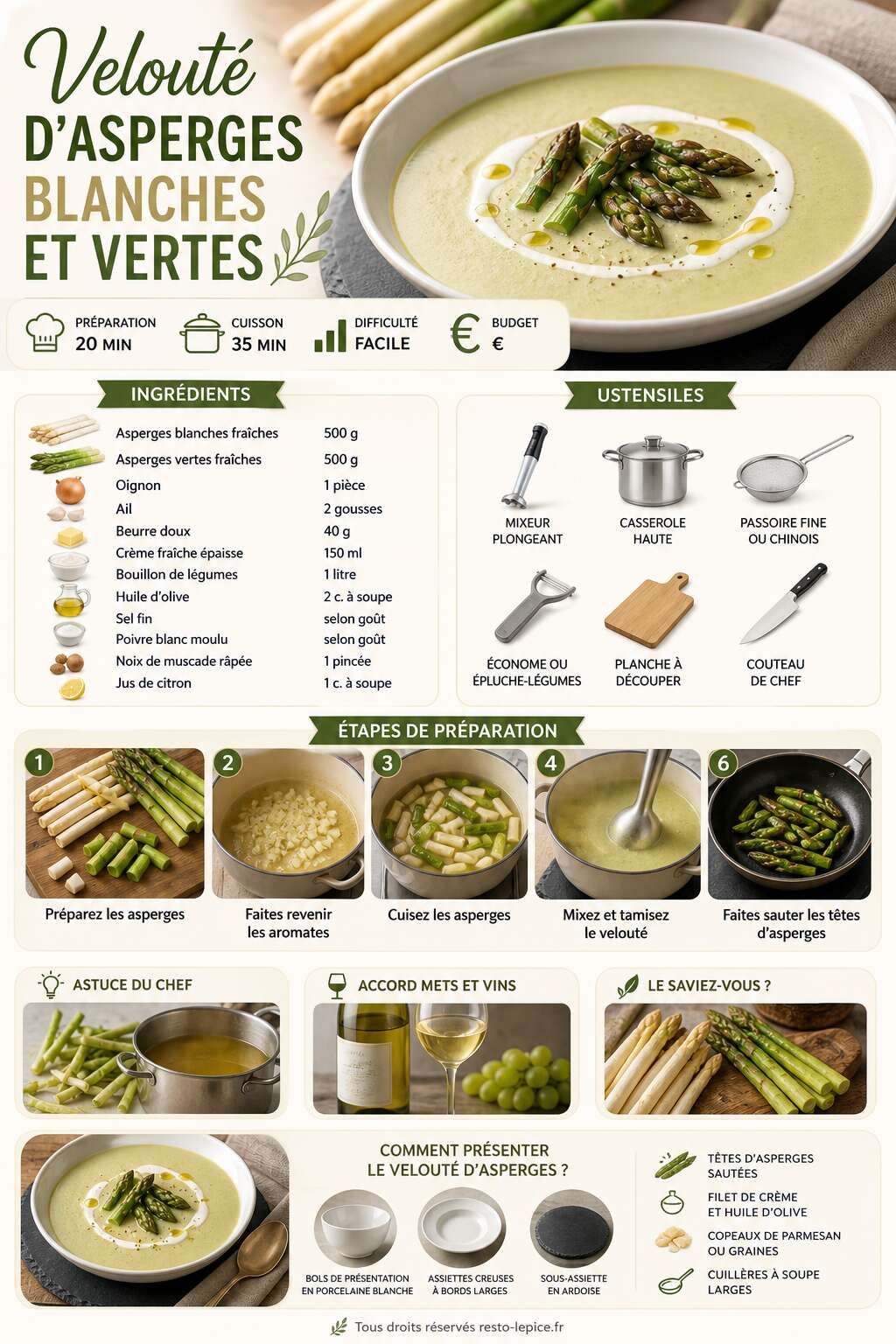 Fiche recette Recette de velouté d'asperges blanches et vertes Fiche recette Recette de velouté d'asperges blanches et vertes
