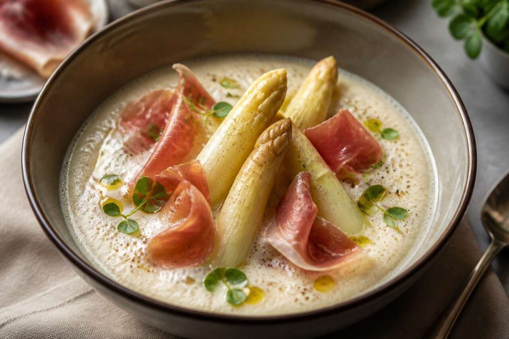 Recette de cappuccino d'asperge et chips de jambon