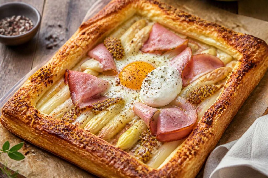 Recette de tarte feuilletée rapide aux asperges, jambon et œufs