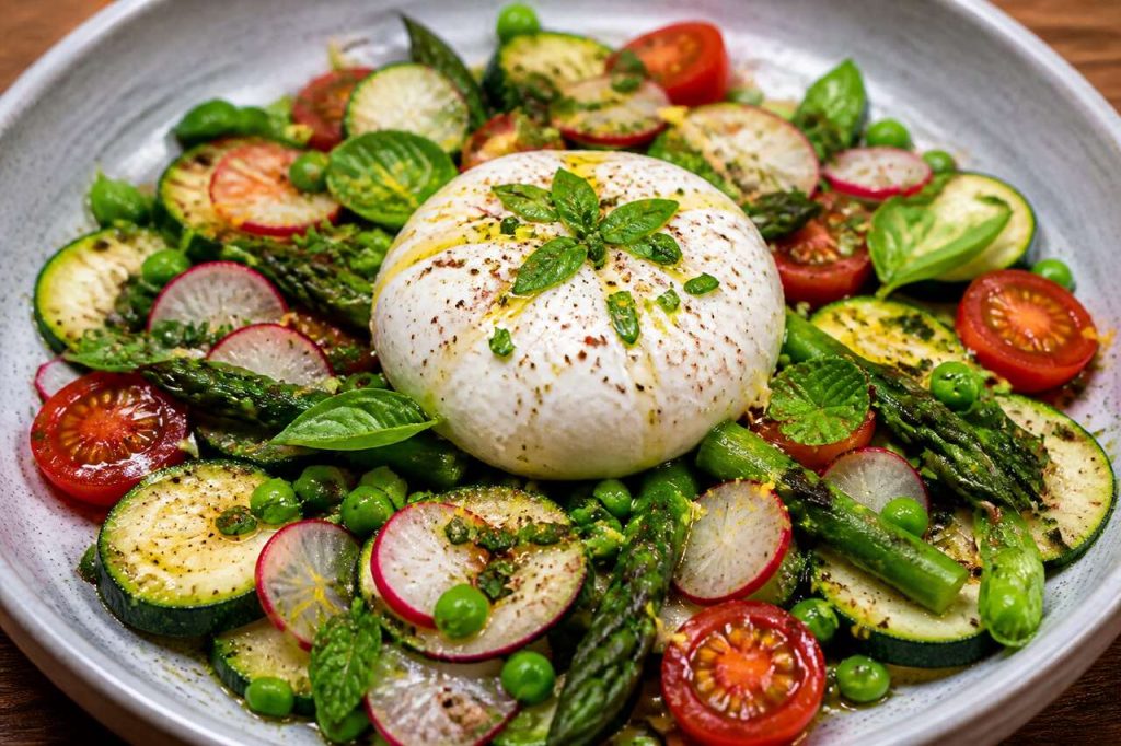 Recette de burrata aux légumes de printemps marinés