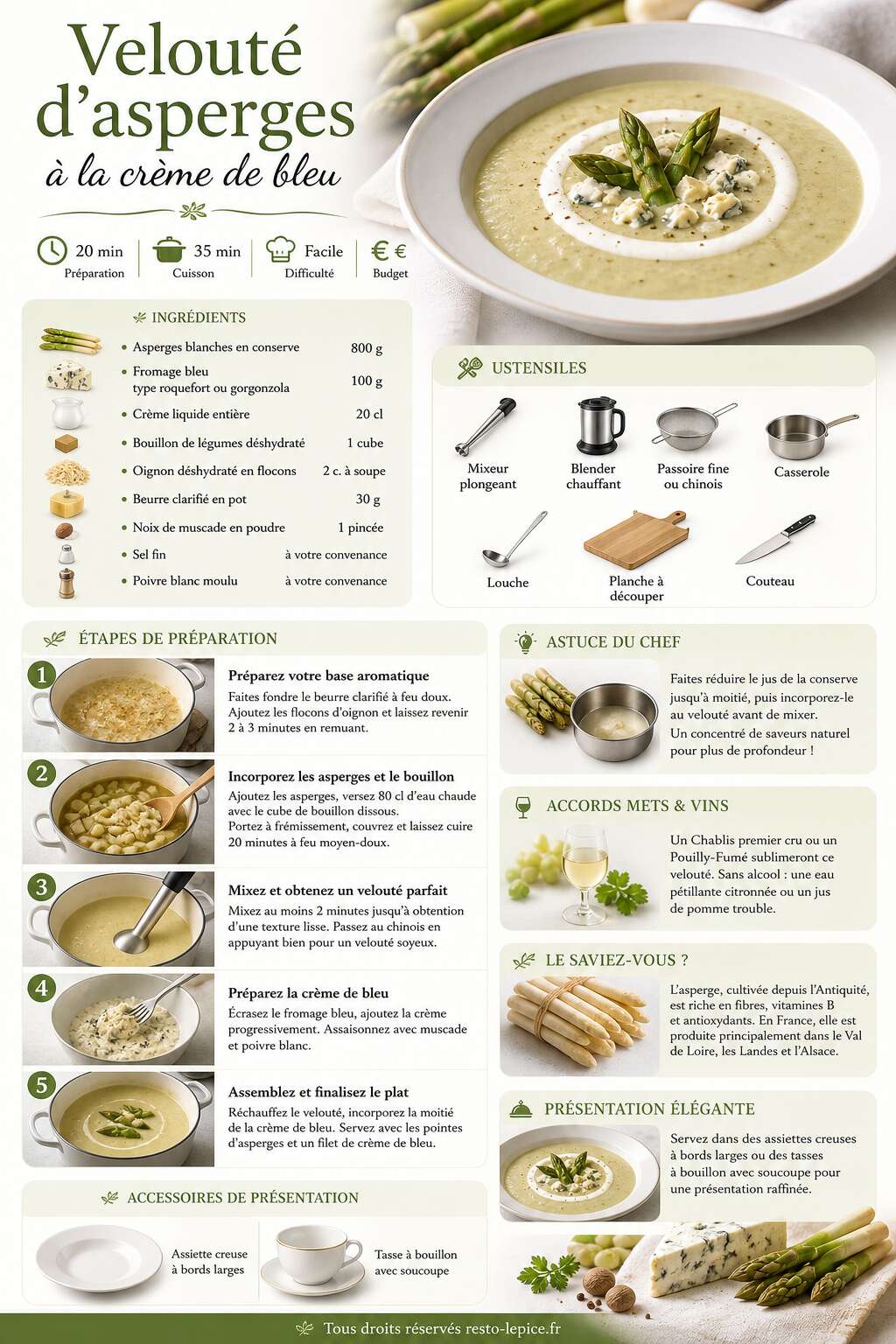 Fiche recette Recette du velouté d'asperges à la crème de bleu Fiche recette Recette du velouté d'asperges à la crème de bleu