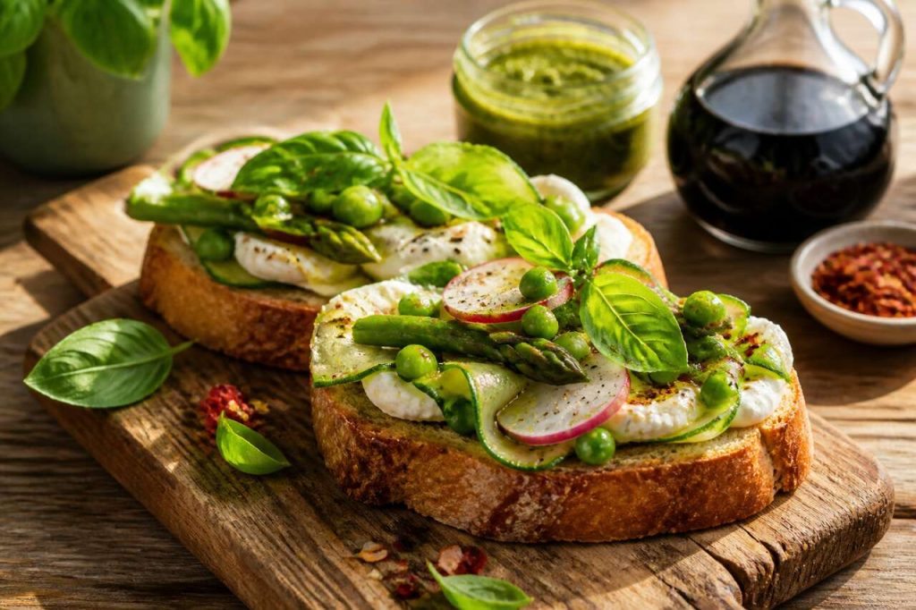 Recette de bruschetta à la burrata et aux légumes de printemps