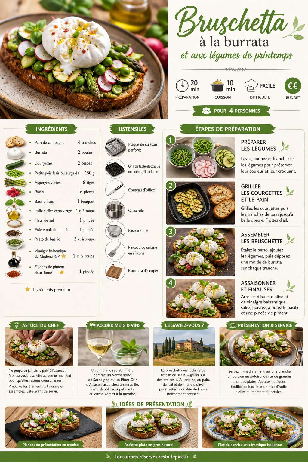 Fiche recette Recette de bruschetta à la burrata et aux légumes de printemps Fiche recette Recette de bruschetta à la burrata et aux légumes de printemps