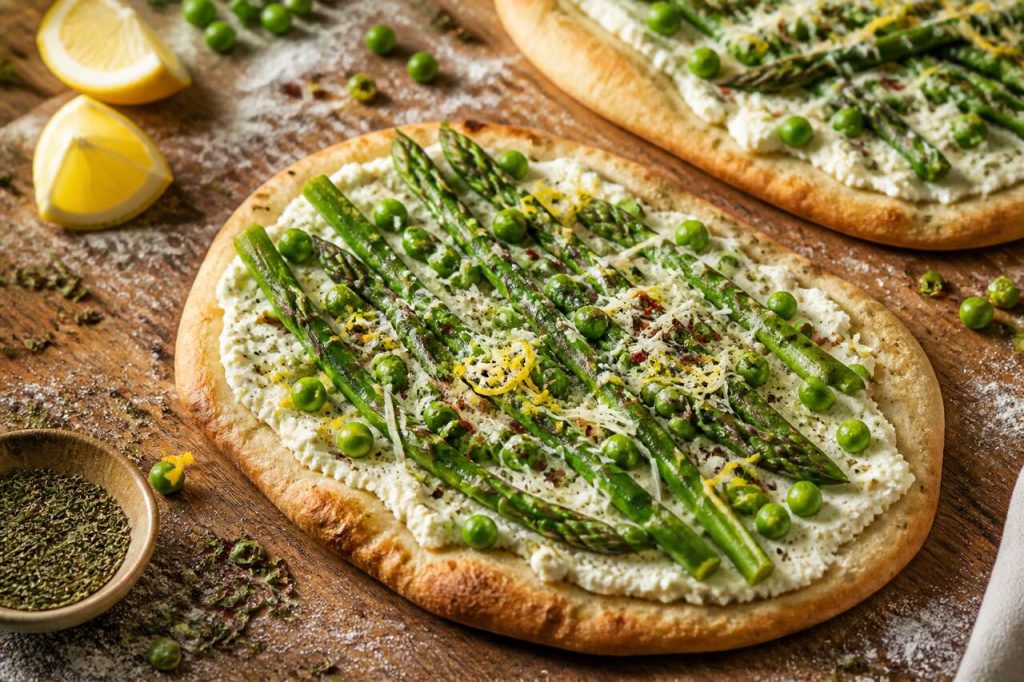 Recette de pains plats aux asperges, petits pois et ricotta