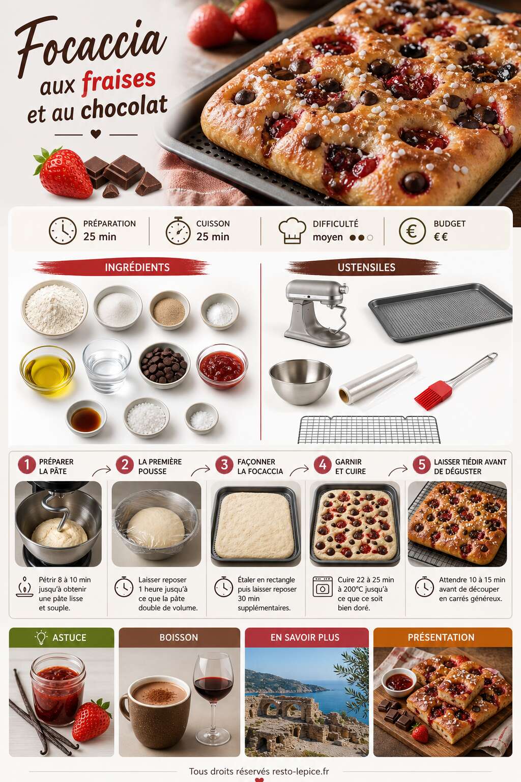 Fiche recette Recette de focaccia aux fraises et au chocolat