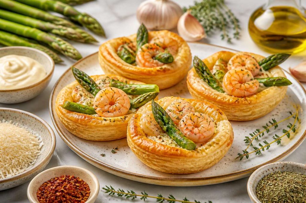Recette de tartelettes aux crevettes à l'ail et aux asperges