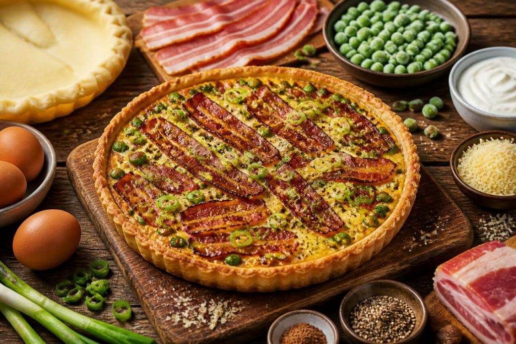 Recette de tarte aux oignons nouveaux, petits pois et pancetta