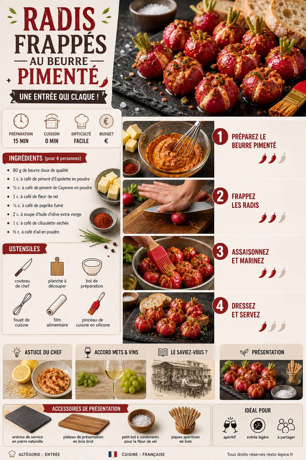 Fiche recette Recette de radis frappés au beurre pimenté Fiche recette Recette de radis frappés au beurre pimenté