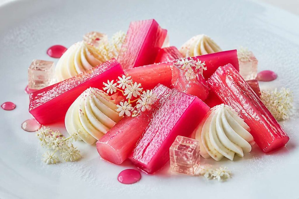 Recette de rhubarbe pochée, ganache montée au sureau et gel rhubarbe-sureau