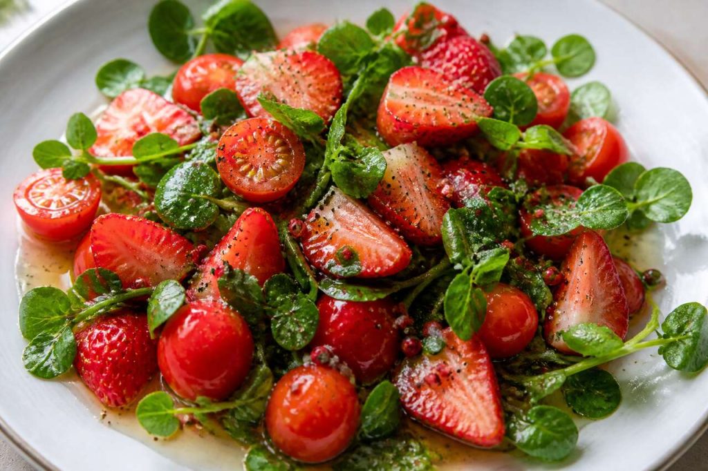 Recette de salade de fraises, tomates et cresson à la vinaigrette miel et poivre rose