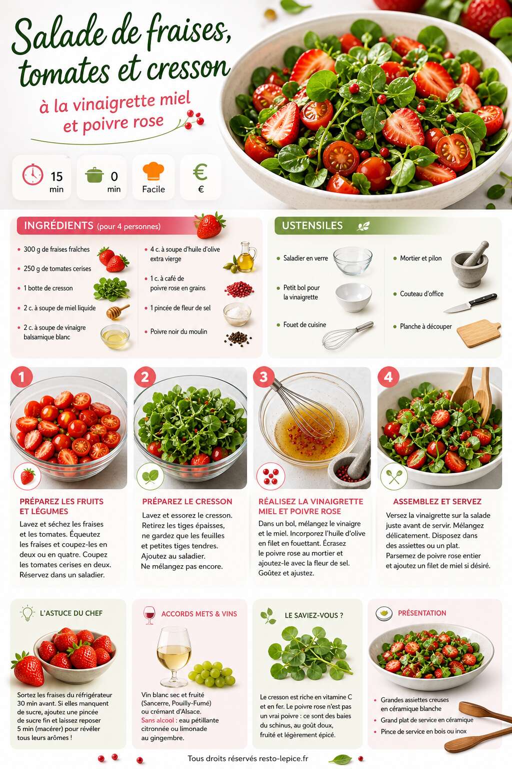 Fiche recette Recette de salade de fraises, tomates et cresson &agrave; la vinaigrette miel et poivre rose
