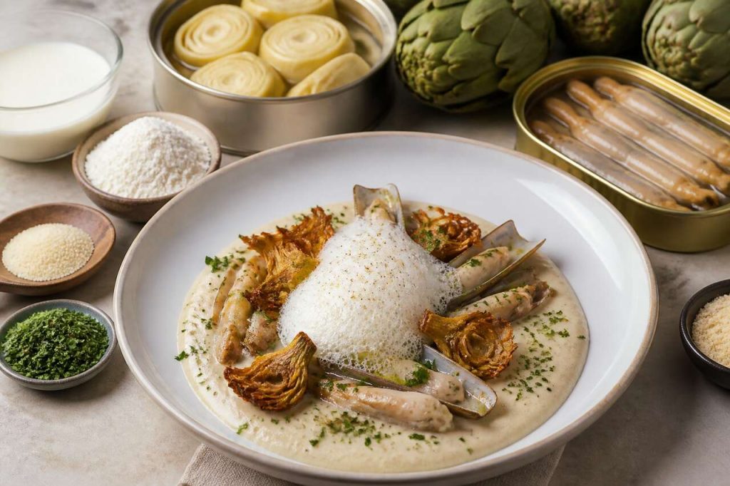 Recette de crème d'artichauts, artichauts frits, couteaux façon marinière et écume marinière