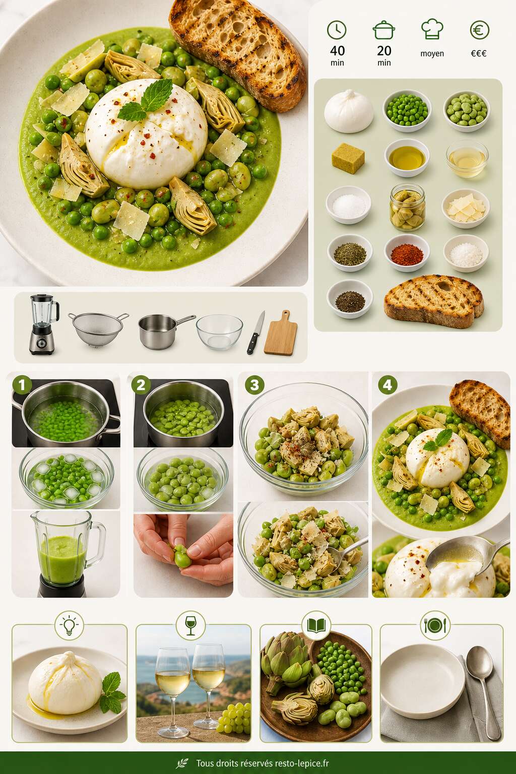 Fiche recette Recette de burrata, gaspacho de petits pois et salade vignarola Fiche recette Recette de burrata, gaspacho de petits pois et salade vignarola