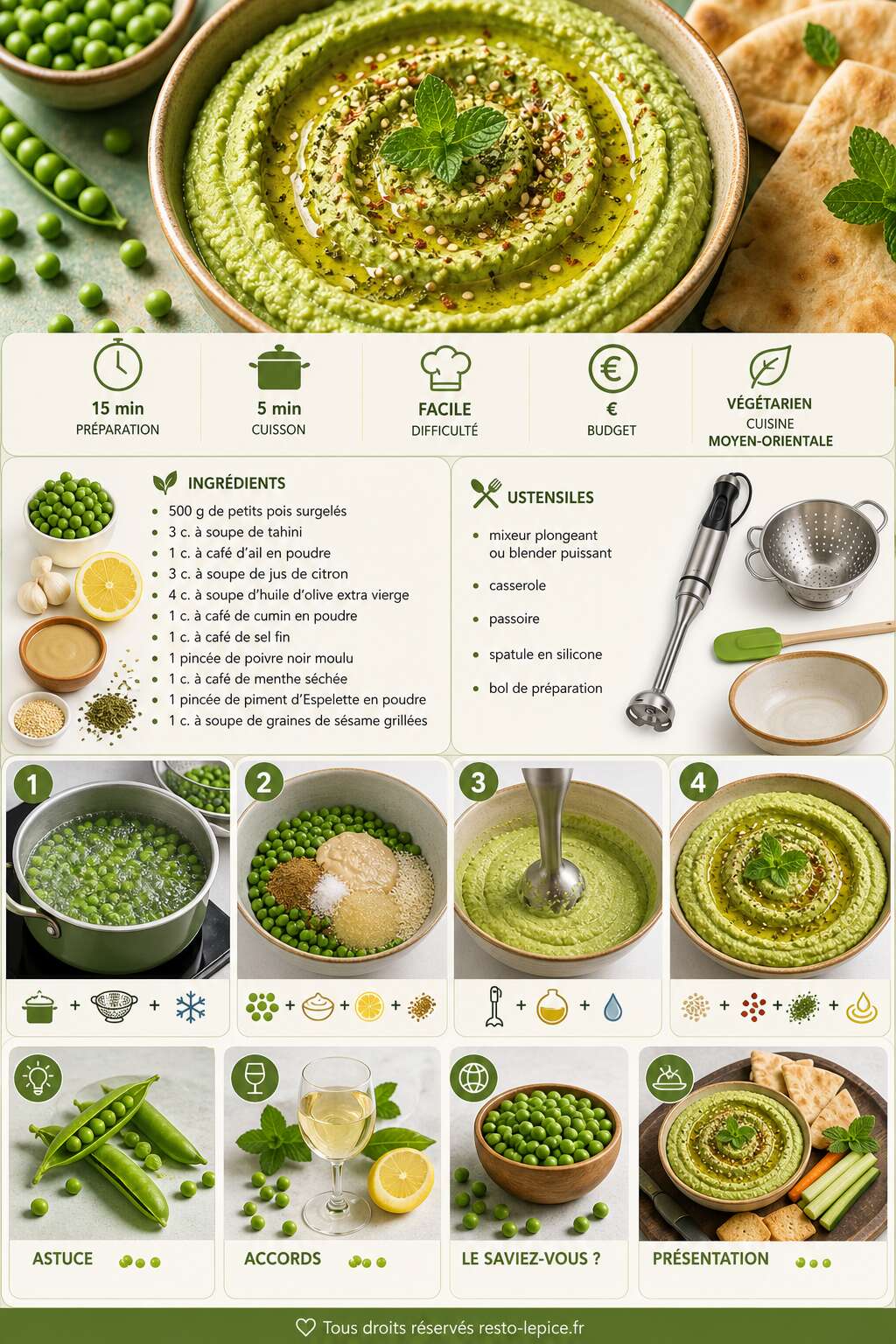 Fiche recette Recette de houmous de petits pois frais et cr&eacute;meux