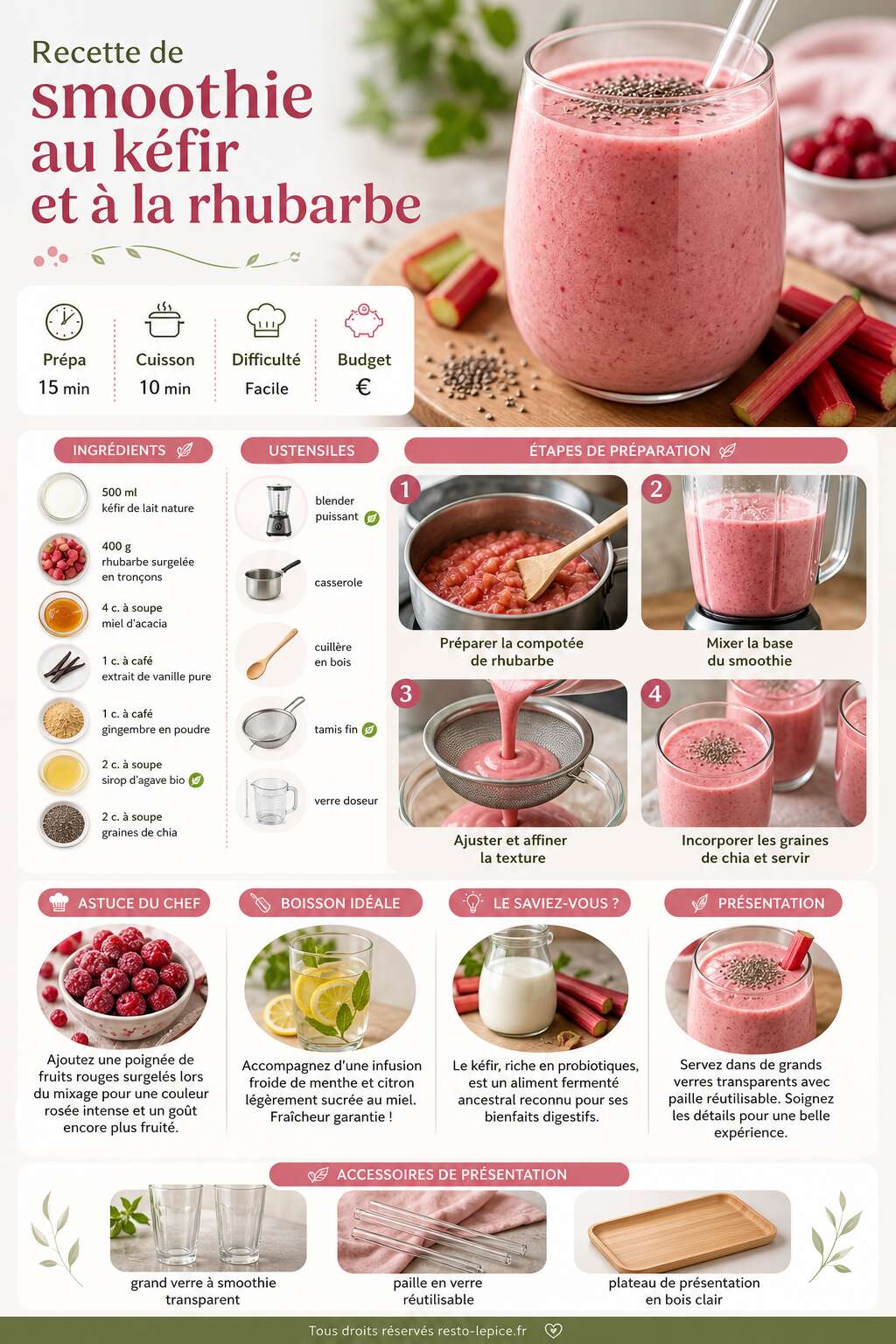 Fiche recette Recette de smoothie au kéfir et à la rhubarbe Fiche recette Recette de smoothie au kéfir et à la rhubarbe