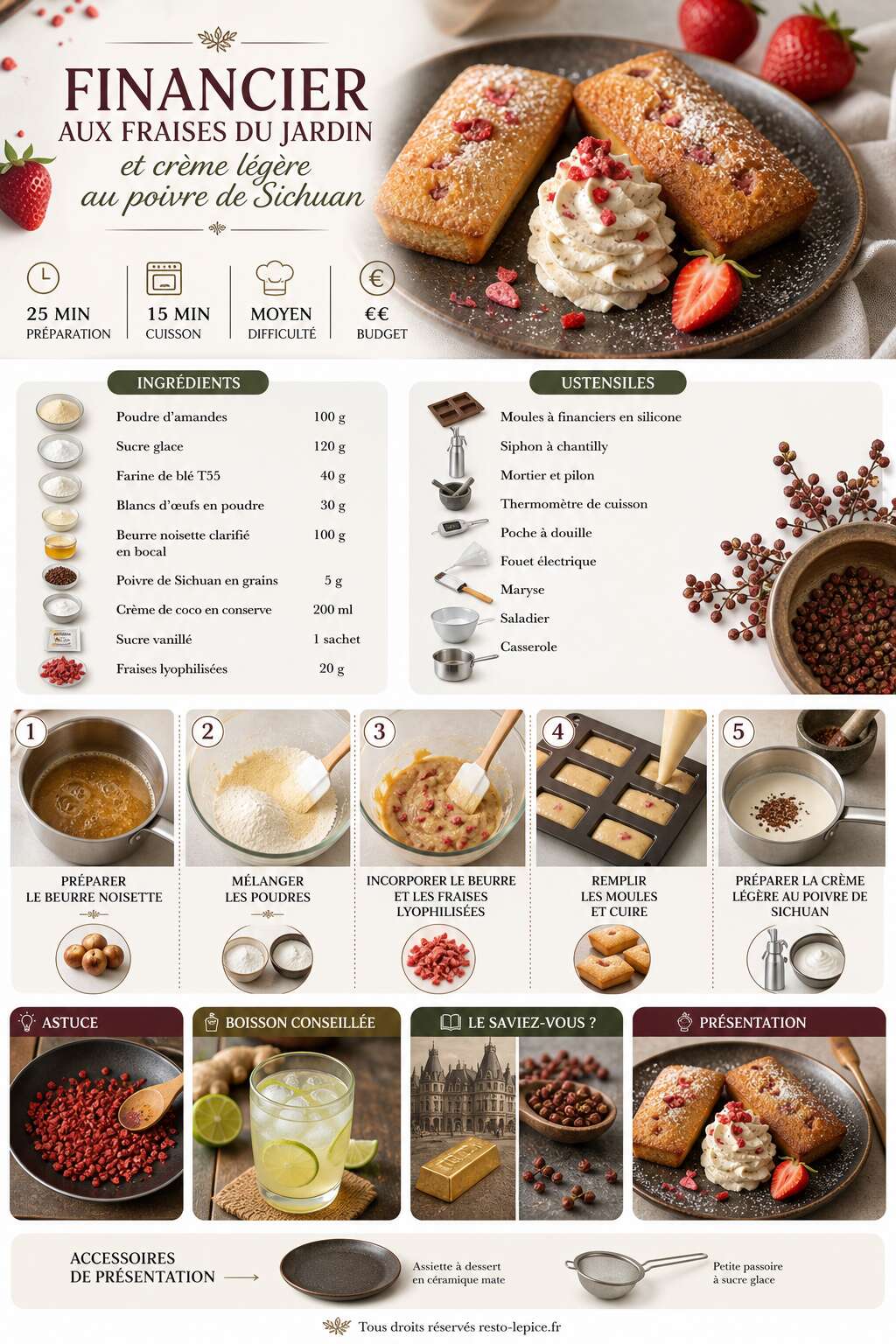 Fiche recette Recette de financier aux fraises du jardin et crème légère au poivre de Sichuan Fiche recette Recette de financier aux fraises du jardin et crème légère au poivre de Sichuan