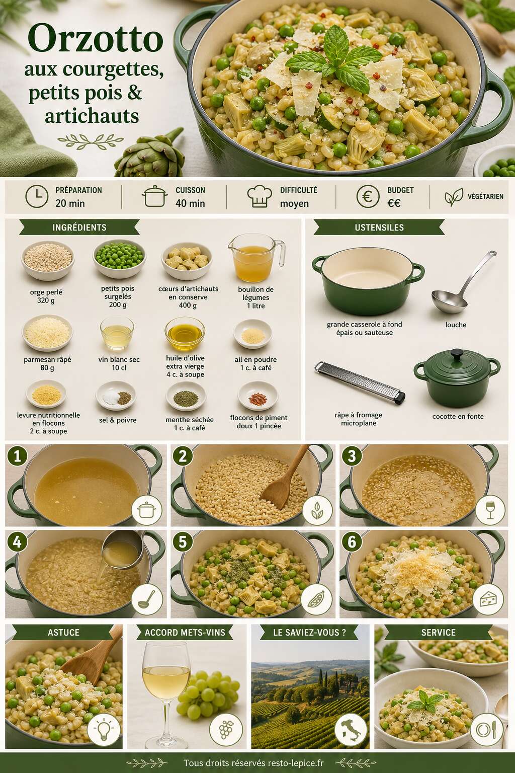 Fiche recette Recette d'orzotto aux courgettes, petits pois et artichauts
