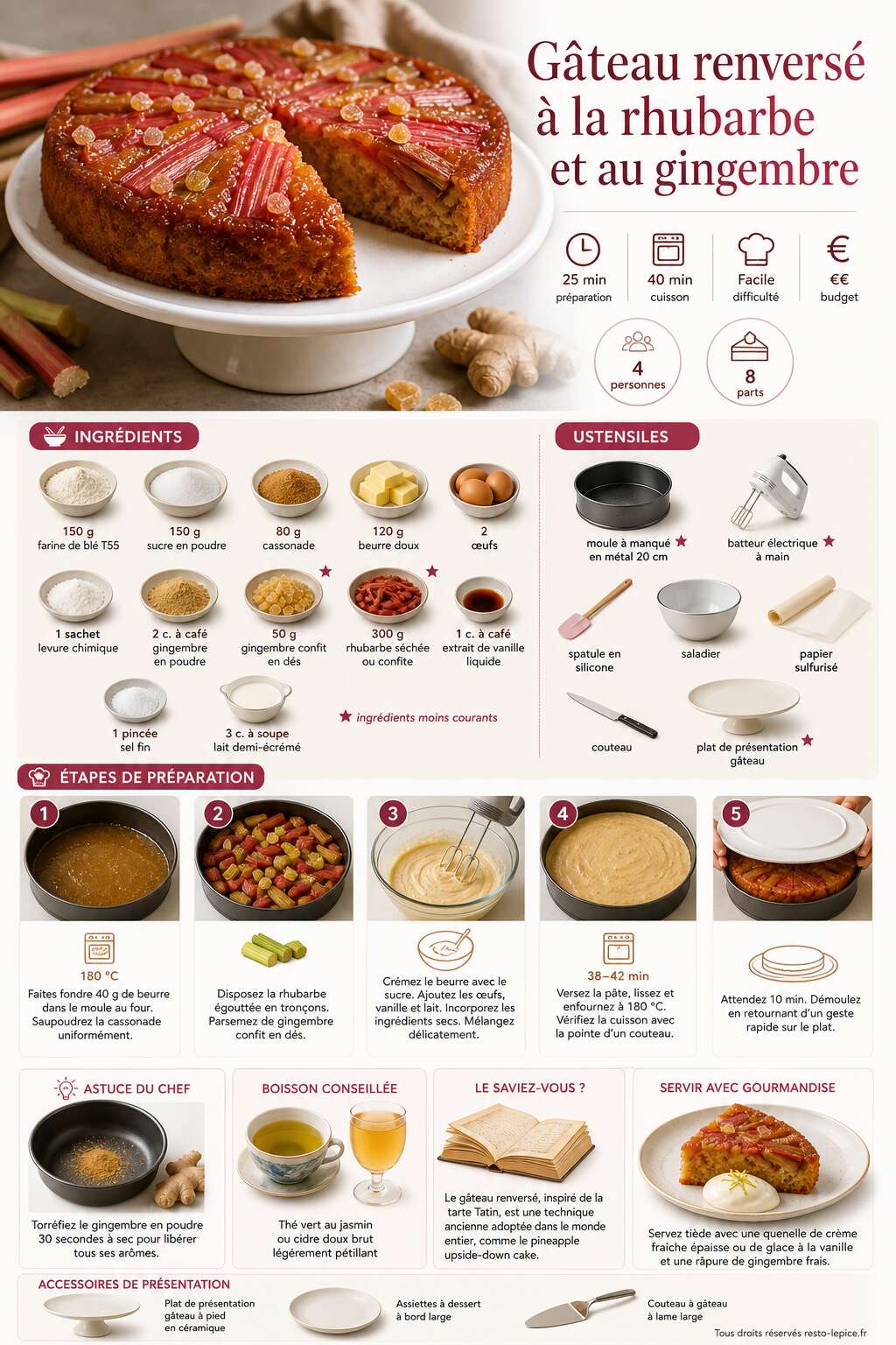 Fiche recette Recette du gâteau renversé à la rhubarbe et au gingembre Fiche recette Recette du gâteau renversé à la rhubarbe et au gingembre