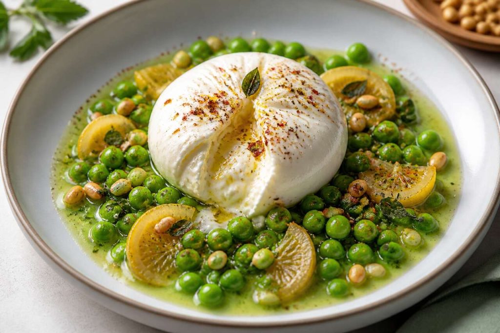 Recette de salade de petits pois et burrata, sauce au citron confit