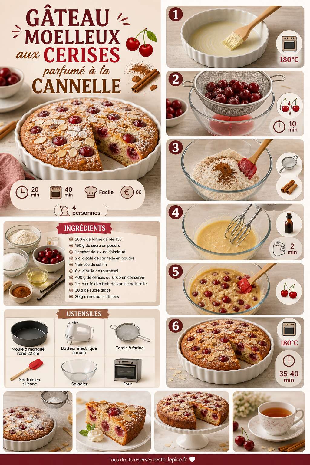 Fiche recette Recette du g&acirc;teau moelleux aux cerises parfum&eacute; &agrave; la cannelle