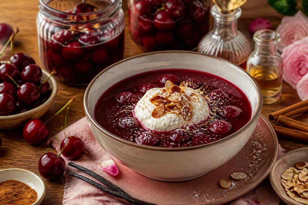 Recette de soupe de cerises au mascarpone fouetté et amandes caramélisées