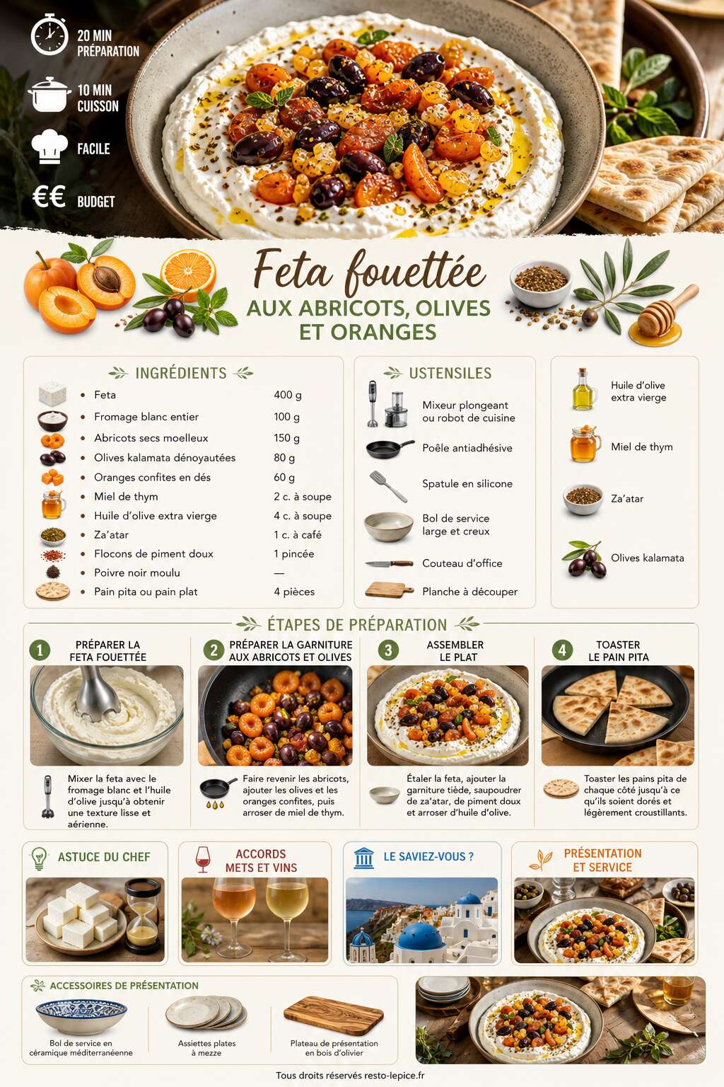 Fiche recette Recette de feta fouett&eacute;e aux abricots, olives et oranges