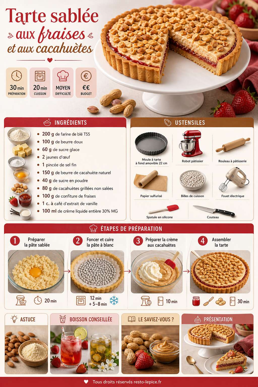 Fiche recette Recette de tarte sabl&eacute;e aux fraises et aux cacahu&egrave;tes