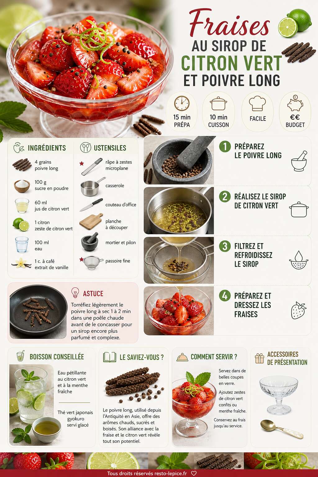 Fiche recette Recette de fraises au sirop de citron vert et poivre long
