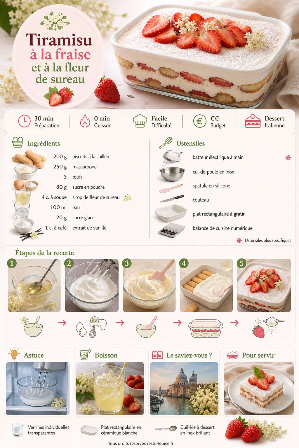 Fiche recette Recette du tiramisu &agrave; la fraise et &agrave; la fleur de sureau