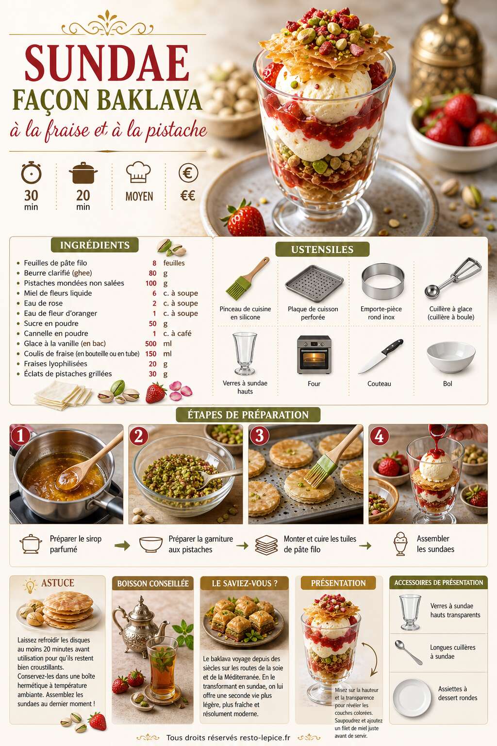 Fiche recette Recette du sundae façon baklava à la fraise et à la pistache Fiche recette Recette du sundae façon baklava à la fraise et à la pistache