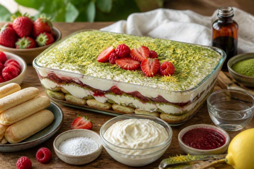 Recette du tiramisu fraise-framboise au thé matcha