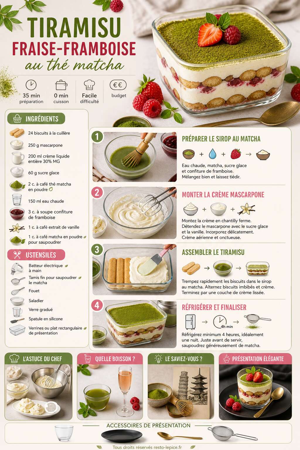 Fiche recette Recette du tiramisu fraise-framboise au th&eacute; matcha