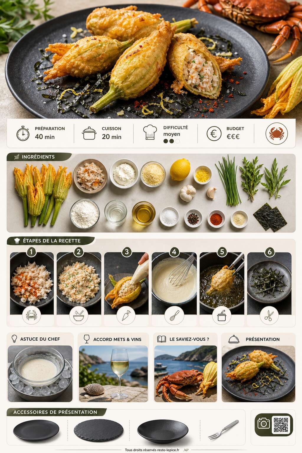 Fiche recette Recette de fleur de courgette du jardin et araignée de mer Fiche recette Recette de fleur de courgette du jardin et araignée de mer