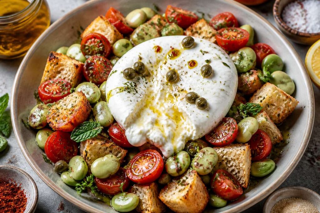 Recette de panzanella aux fèves et à la menthe avec burrata