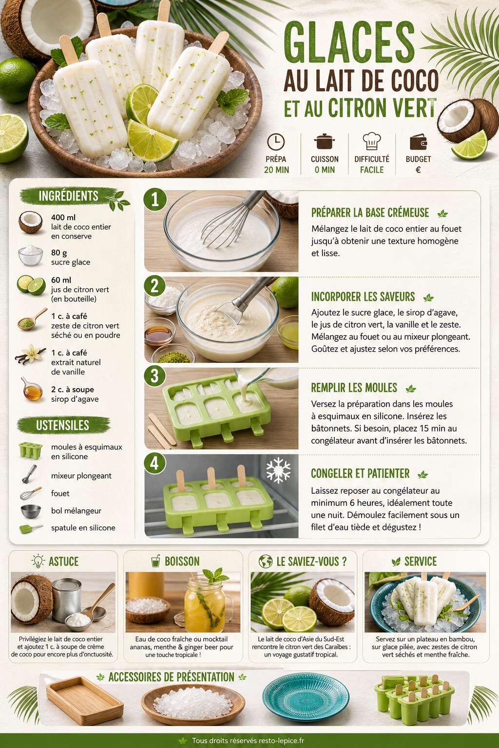 Fiche recette Recette de glaces au lait de coco et au citron vert Fiche recette Recette de glaces au lait de coco et au citron vert