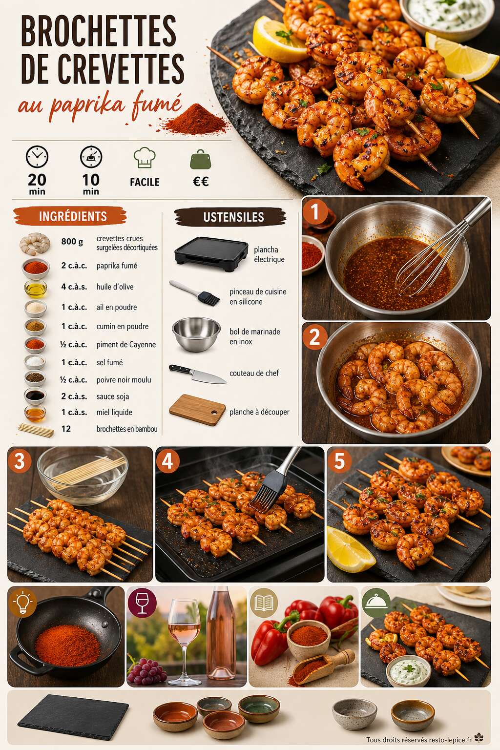 Fiche recette Recette de brochettes de crevettes au paprika fum&eacute;
