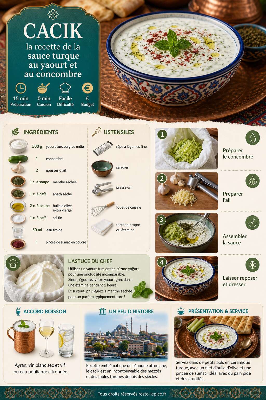 Fiche recette Cacık : la recette de la sauce turque au yaourt et au concombre Fiche recette Cacık : la recette de la sauce turque au yaourt et au concombre