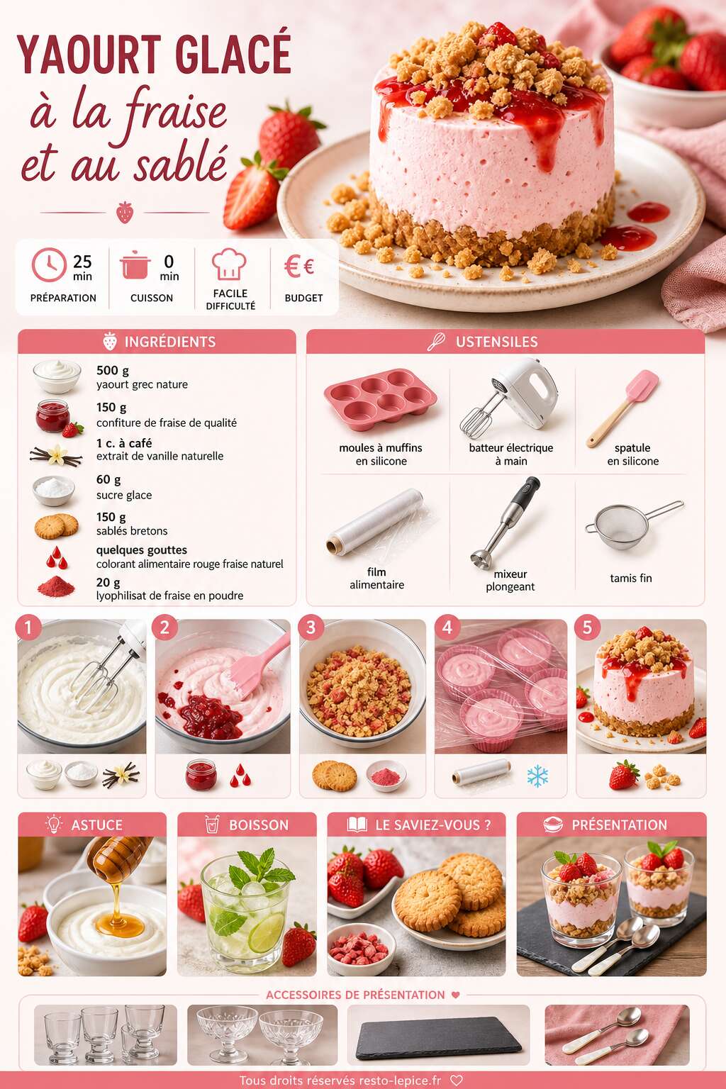 Fiche recette Recette de yaourt glacé à la fraise et au sablé Fiche recette Recette de yaourt glacé à la fraise et au sablé