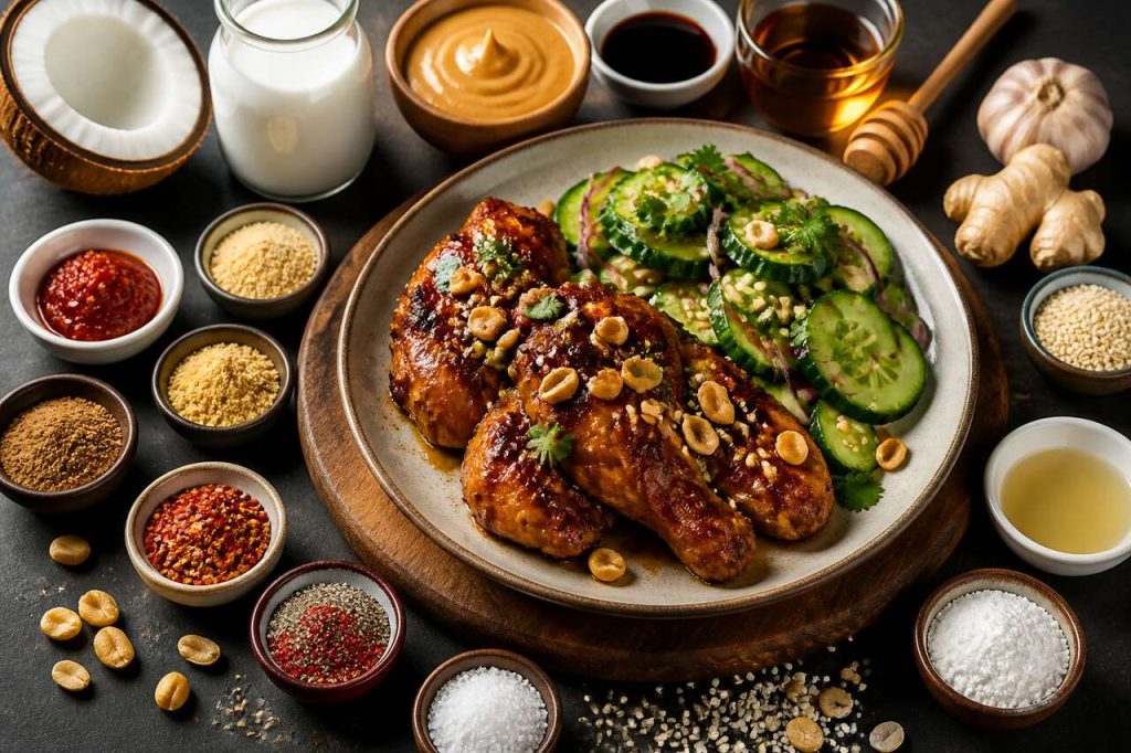 Recette du poulet rôti au beurre de cacahuètes et à la noix de coco, salade de concombre