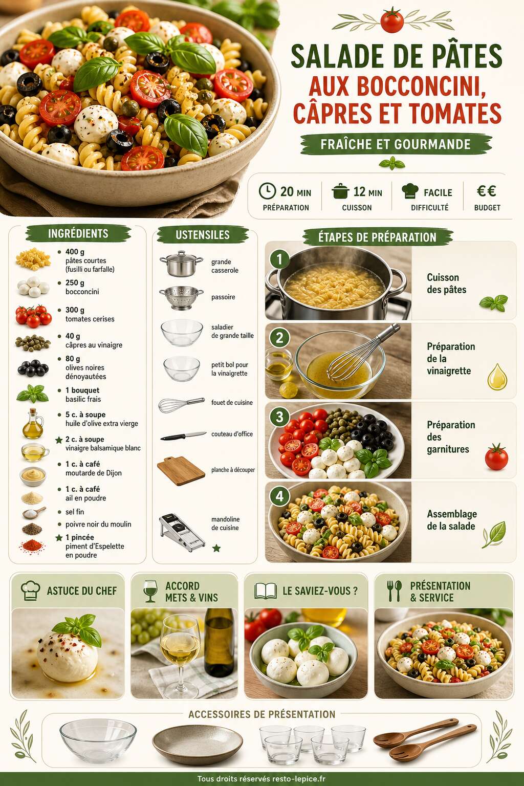 Fiche recette Salade de p&acirc;tes aux bocconcini, c&acirc;pres et tomates : la recette fra&icirc;che et gourmande