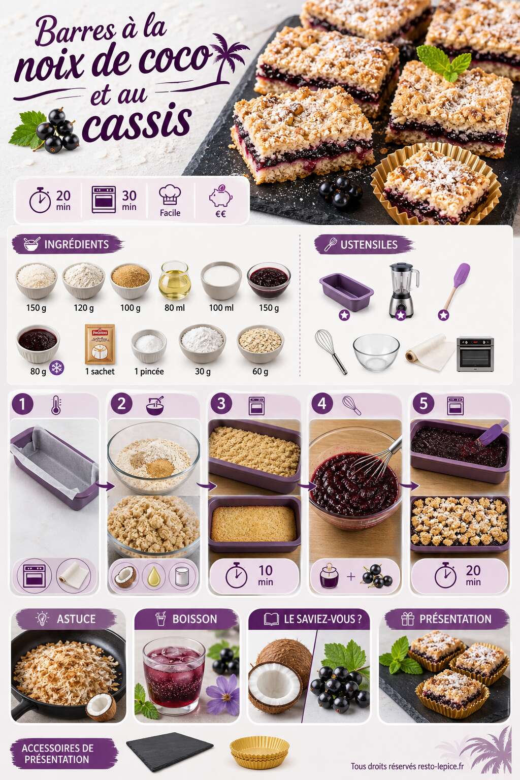 Fiche recette Recette de barres à la noix de coco et au cassis Fiche recette Recette de barres à la noix de coco et au cassis