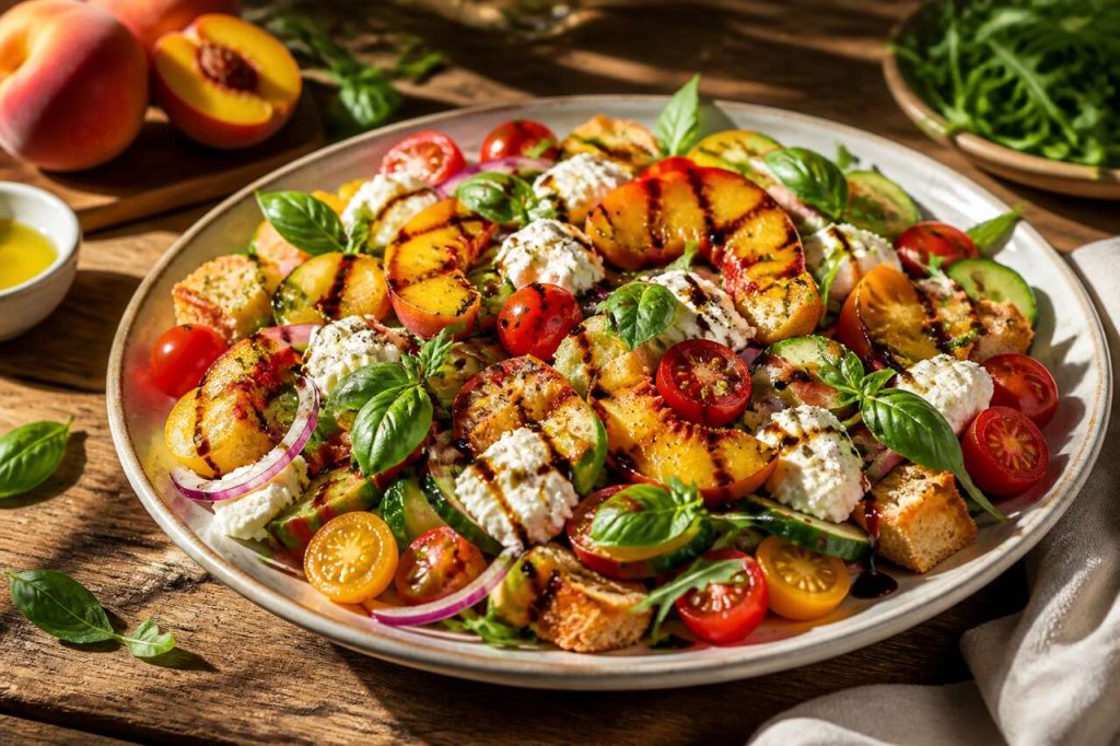 Recette de panzanella aux pêches grillées au barbecue