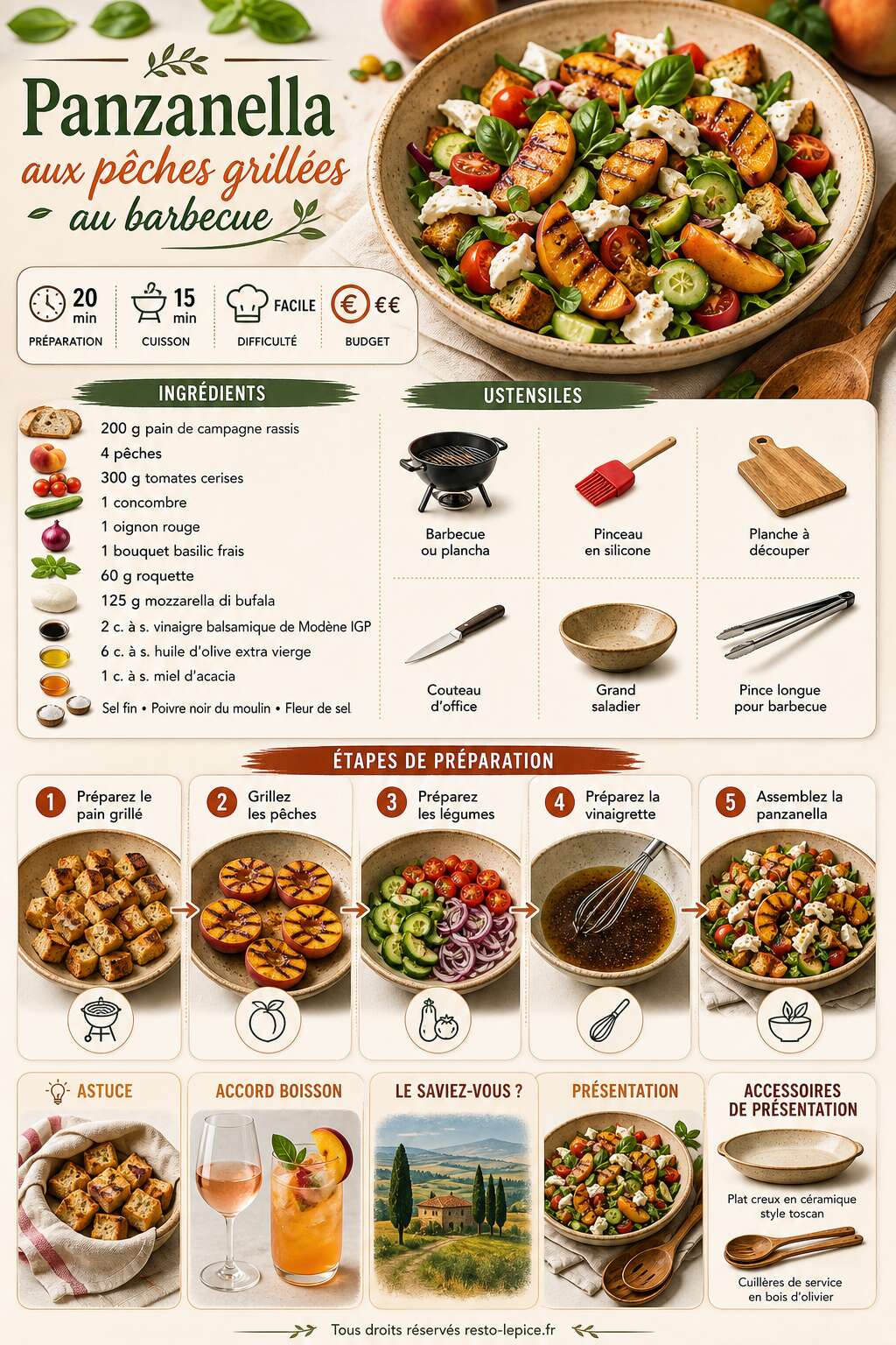 Fiche recette Recette de panzanella aux pêches grillées au barbecue Fiche recette Recette de panzanella aux pêches grillées au barbecue