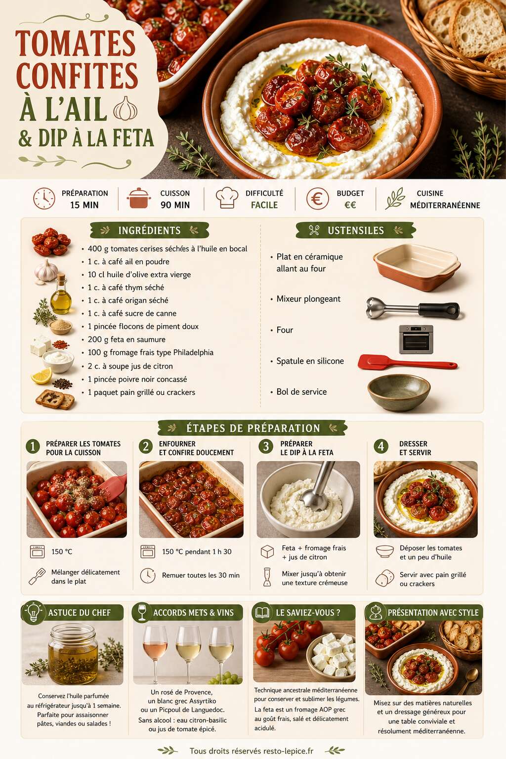 Fiche recette Recette de tomates confites à l'ail et dip à la feta Fiche recette Recette de tomates confites à l'ail et dip à la feta