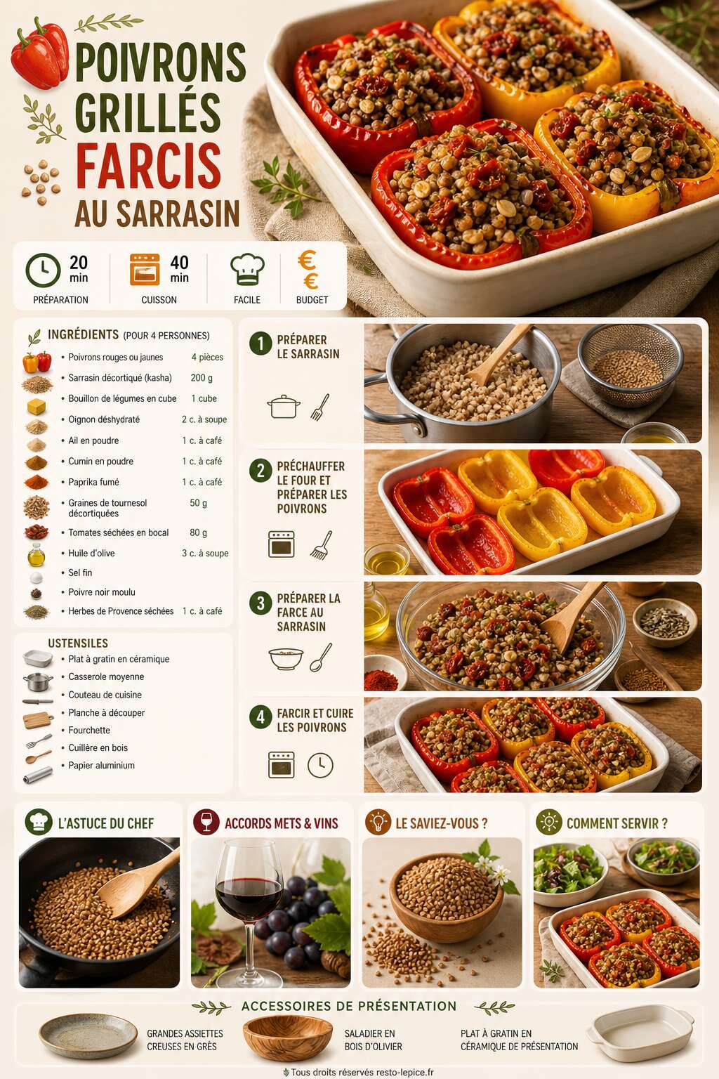 Fiche recette Recette de poivrons grillés farcis au sarrasin Fiche recette Recette de poivrons grillés farcis au sarrasin