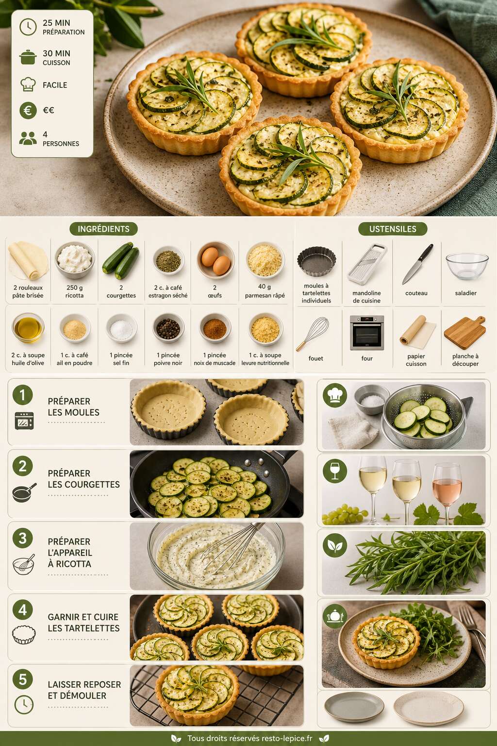 Fiche recette Tartelettes aux courgettes, ricotta et estragon : la recette fraîche et gourmande Fiche recette Tartelettes aux courgettes, ricotta et estragon : la recette fraîche et gourmande