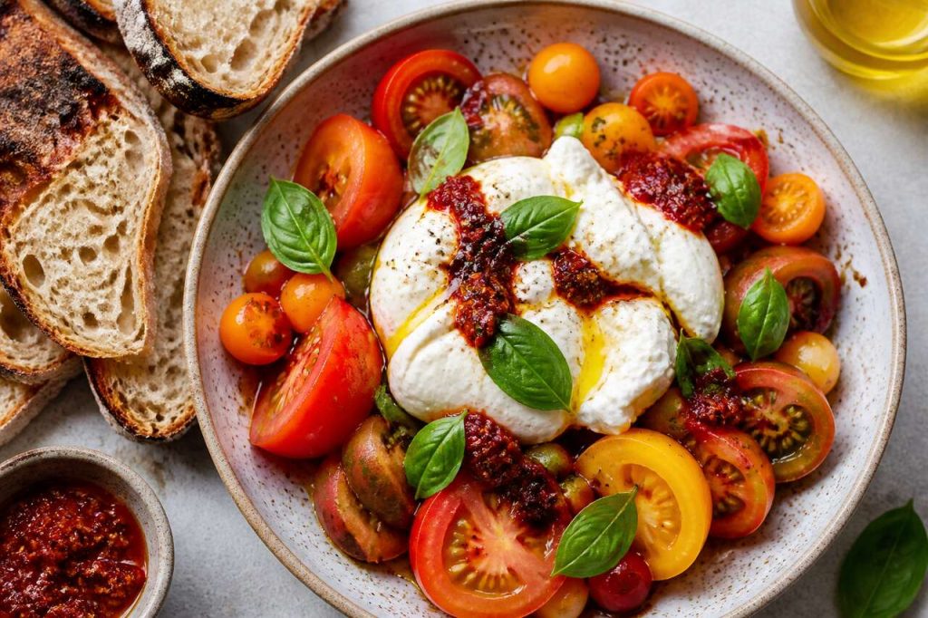 Recette de salade de tomates à la burrata et sauce 'nduja